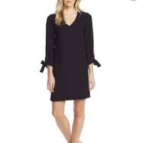 CeCe shift dress Solid Black 3/4 tie sleeves zip fully lined sz 8 EUC - Picture 1 of 13